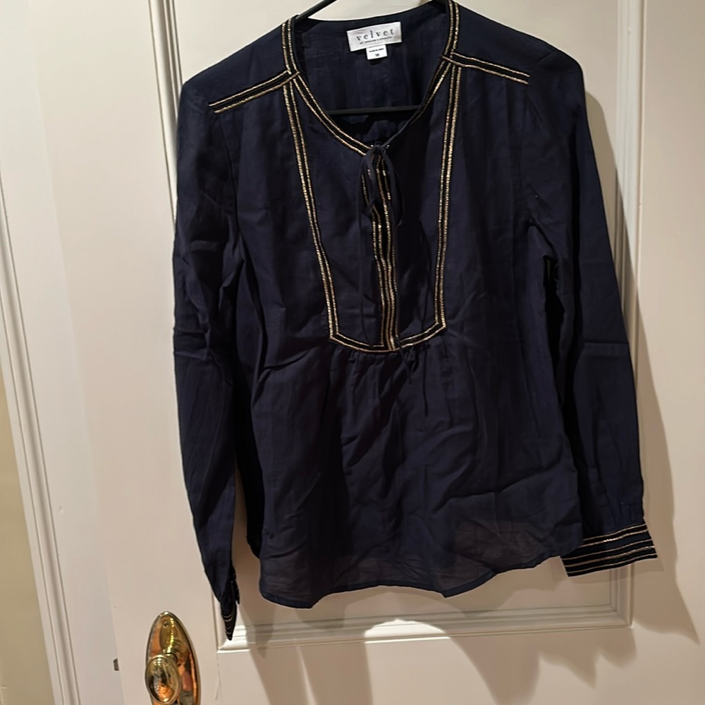 Velvet by Graham & Spencer Grace Navy & Gold Lurex Metallic Trim Blouse size XS